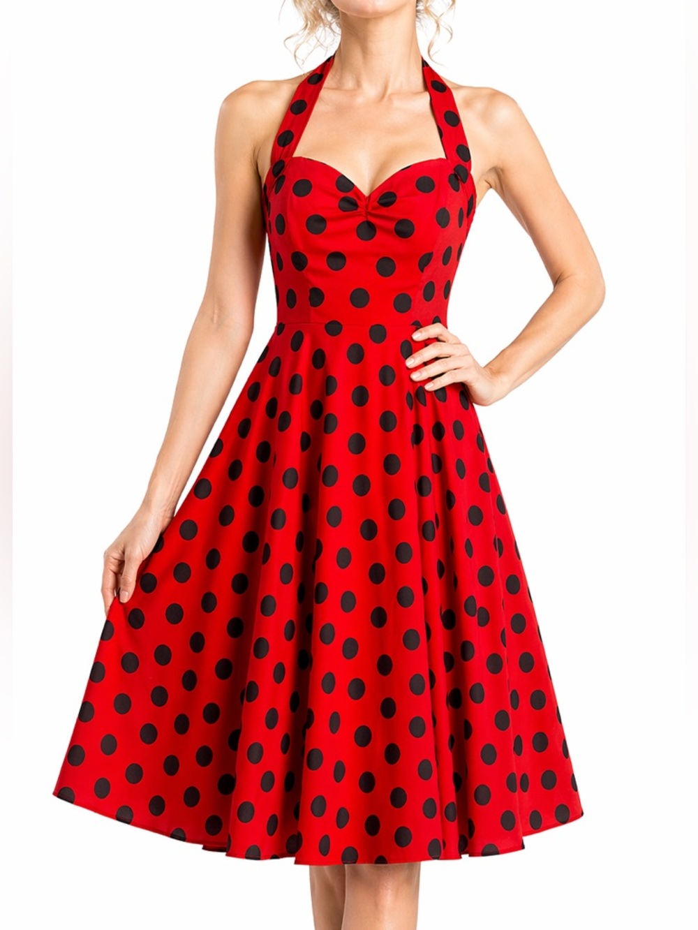 Vixen Holloway Red Black Polka Dot Halter Swing Dress Vintage 50s Large /UK 20
